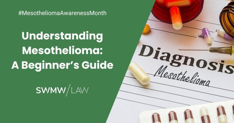 Understanding Mesothelioma: A Beginner’s Guide with a hashtag #MesotheliomaAwarenessMonth. The background includes a medical diagnosis form with the word "Mesothelioma" written on it, surrounded by various pills and a syringe. The image also features the logo for SWMW Law.