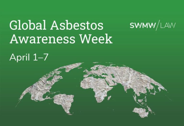 Global Asbestos Awareness Week, April 1–7, displayed on a green background with a textured world map made to look like asbestos material. The logo "SWMW LAW" appears in the top right corner.