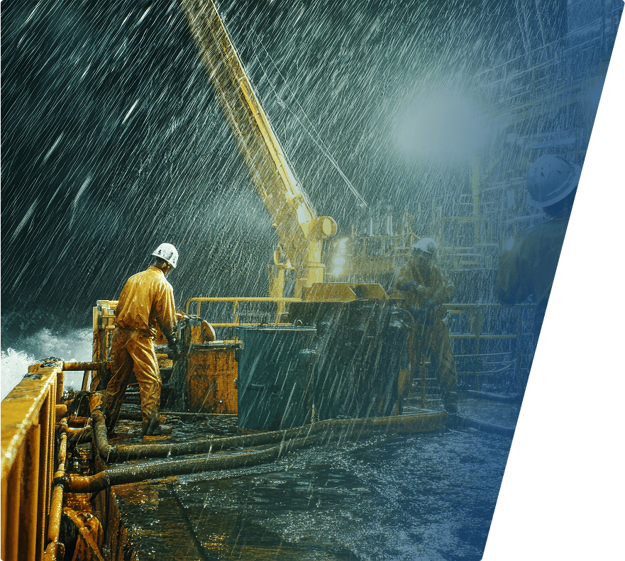 Workers in yellow rain gear and helmets operate machinery on a wet, industrial platform during heavy rain, illuminated by bright lights.
