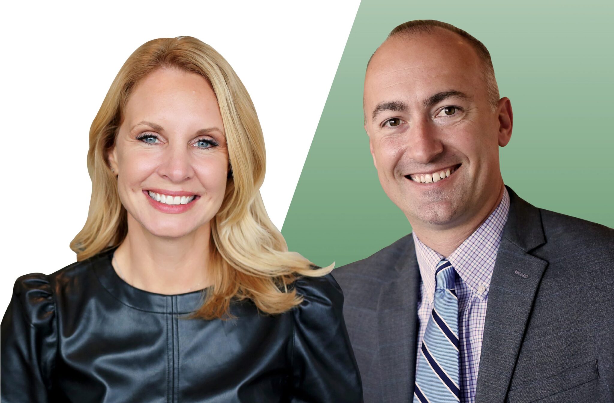 A smiling woman with blonde hair wearing a black leather top stands next to a smiling bald man in a gray suit jacket, checkered shirt, and striped blue tie. The background is divided diagonally with white on the left and a muted green on the right.