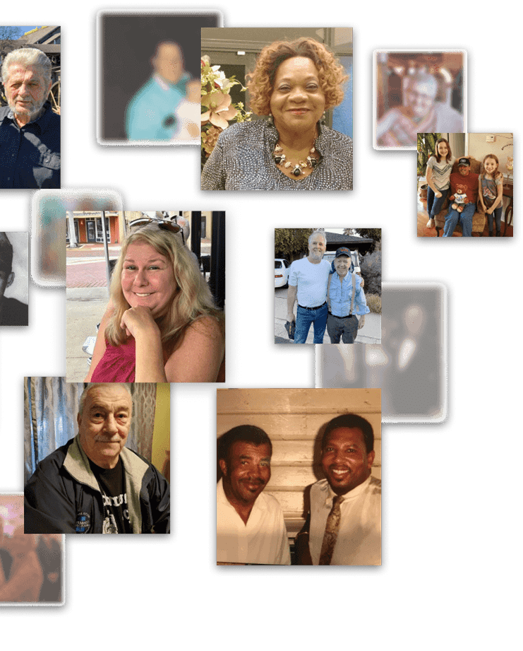 A collage of various portraits featuring diverse individuals. The images include a smiling woman with curly hair and a necklace, a blonde woman resting her chin on her hand, two men standing together outdoors, an older man in a jacket, two men posing indoors with one wearing a tie, and a group photo of three people including two young girls and an older man seated. The backgrounds vary from indoor settings with floral decor to outdoor scenes and casual environments.