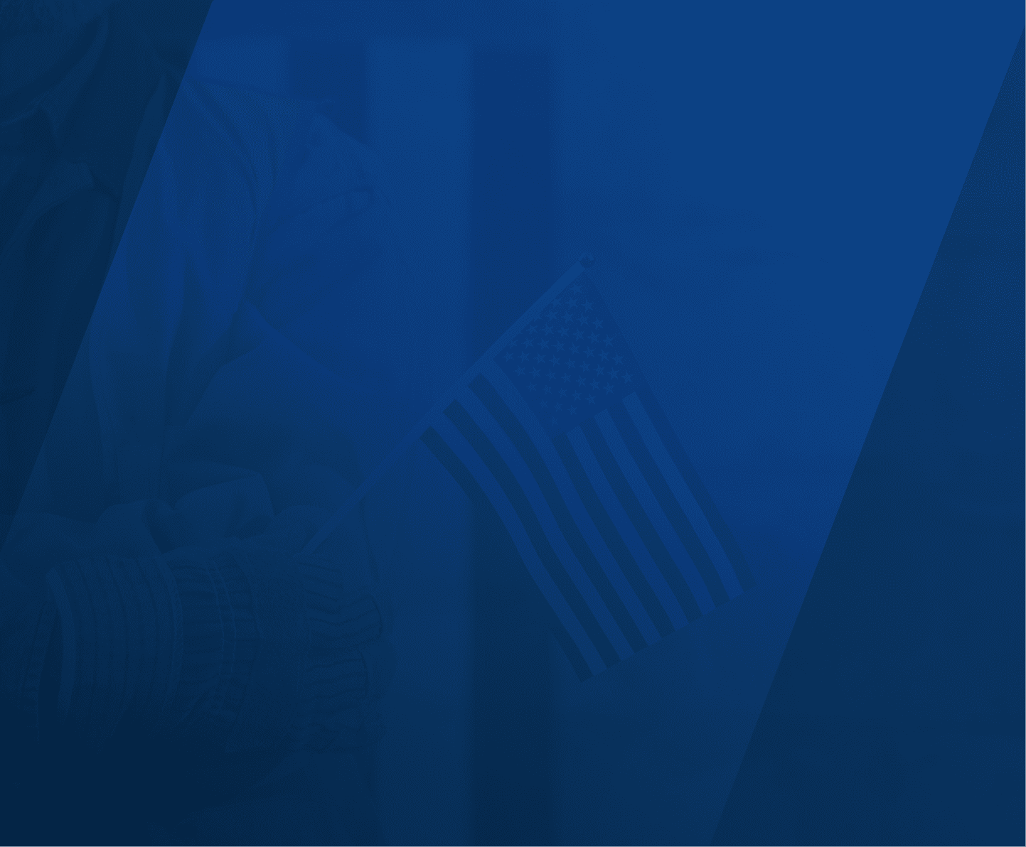 A person wearing work gloves and a jacket is holding a small American flag on a stick. The image has a greenish-blue overlay with diagonal transparent stripes.