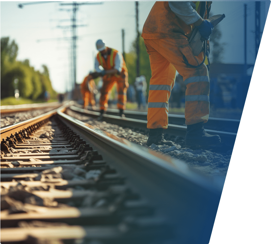 Workers in orange safety gear are maintaining railway tracks, with one worker in the foreground holding a tool and others working further down the tracks. The scene is outdoors with trees and utility poles visible in the background.