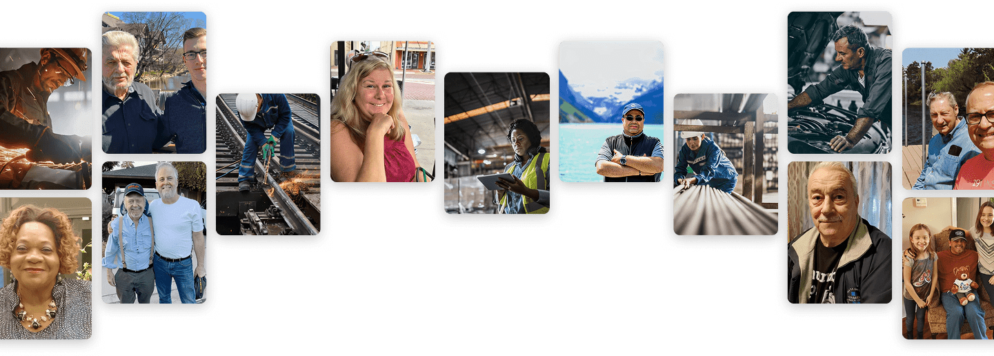 A collage of diverse people in various settings: a welder working with sparks, two men outdoors by water, a worker cutting railroad tracks, a smiling woman in a red top, a woman in a warehouse using a tablet, a man in sunglasses by a lake with mountains, a worker inspecting metal pipes, a man fixing a car engine, two men sitting outdoors, a woman smiling indoors, two men standing together outside, an older man indoors, and a family with two children and a man holding a teddy bear sitting on a couch.