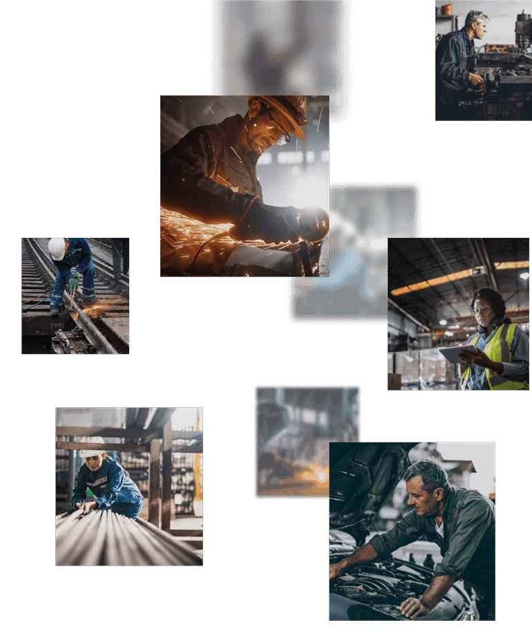 A collage of workers engaged in various industrial and mechanical tasks. One worker is using a grinder, creating sparks. Another is inspecting a car engine. A person in a safety vest is checking a tablet in a warehouse. One worker is handling metal pipes, and another is working on railway tracks with a tool. An older man is operating machinery in a workshop.