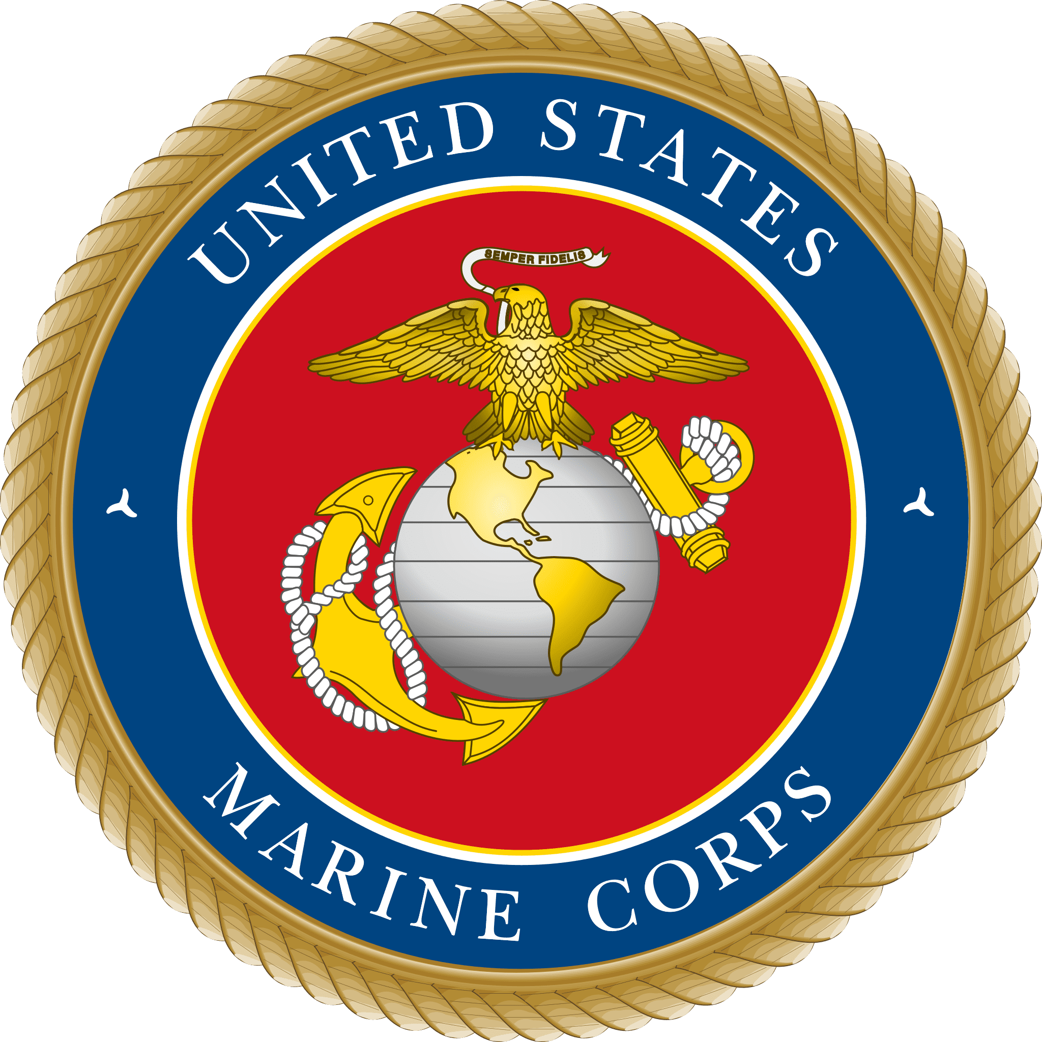 Emblem of the United States Marine Corps featuring a gold eagle perched atop a globe showing the Americas, with a gold anchor behind the globe. The emblem is set on a red circular background, surrounded by a blue ring with white text reading "UNITED STATES MARINE CORPS," and encircled by a gold rope border. The eagle holds a banner in its beak with the motto "SEMPER FIDELIS.