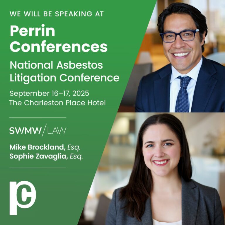Announcement for Perrin Conferences National Asbestos Litigation Conference on September 16-17, 2025, at The Charleston Place Hotel. Featuring speakers Mike Brockland, Esq., and Sophie Zavaglia, Esq., from SWMW Law. The image includes professional headshots of a man in a navy suit and glasses and a woman in a gray blazer, both smiling.