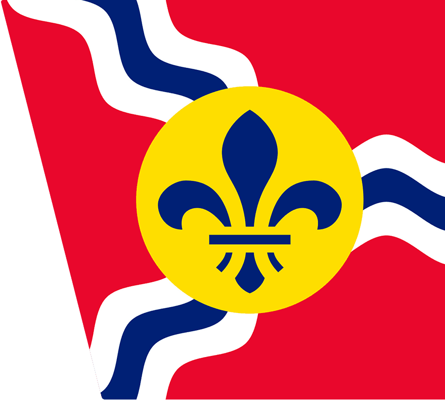 A red flag with a yellow circle in the center containing a blue fleur-de-lis. Behind the circle, a wavy white and blue stripe runs diagonally across the flag.