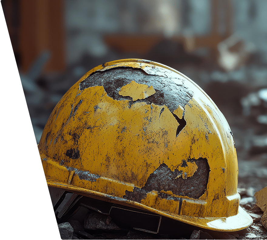 Yellow construction hard hat with chipped and peeling paint, resting on a rocky surface with a blurred background.