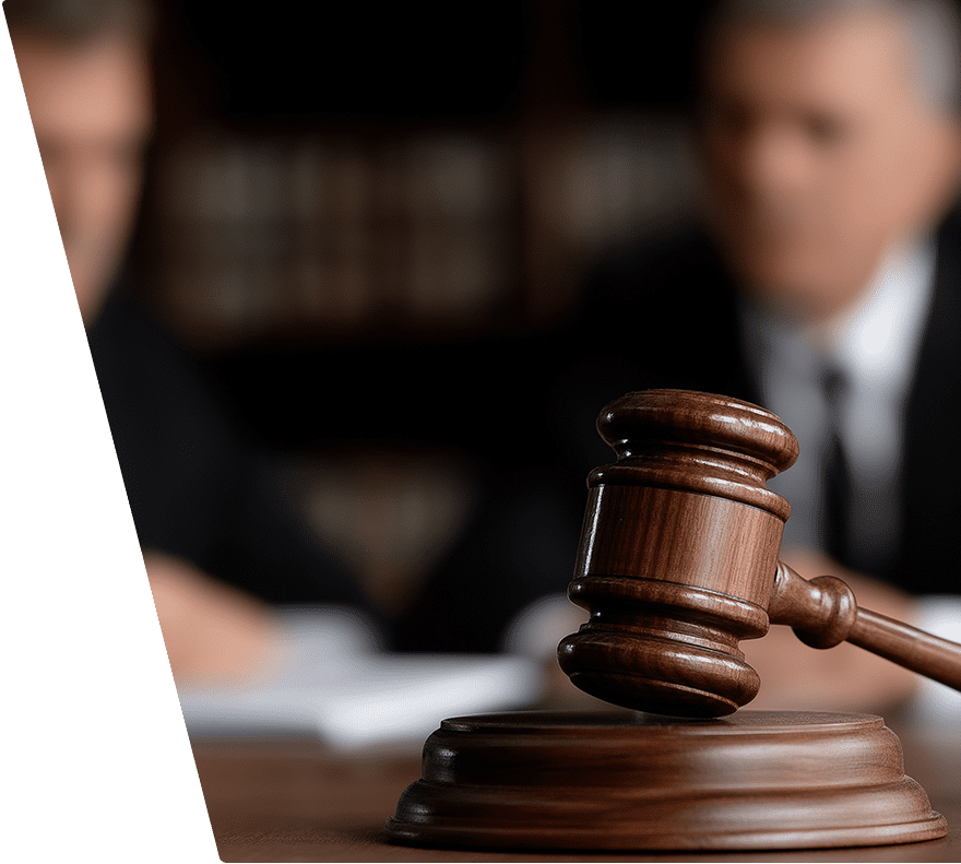 A wooden judge's gavel resting on a sound block, with two blurred individuals in formal attire in the background.